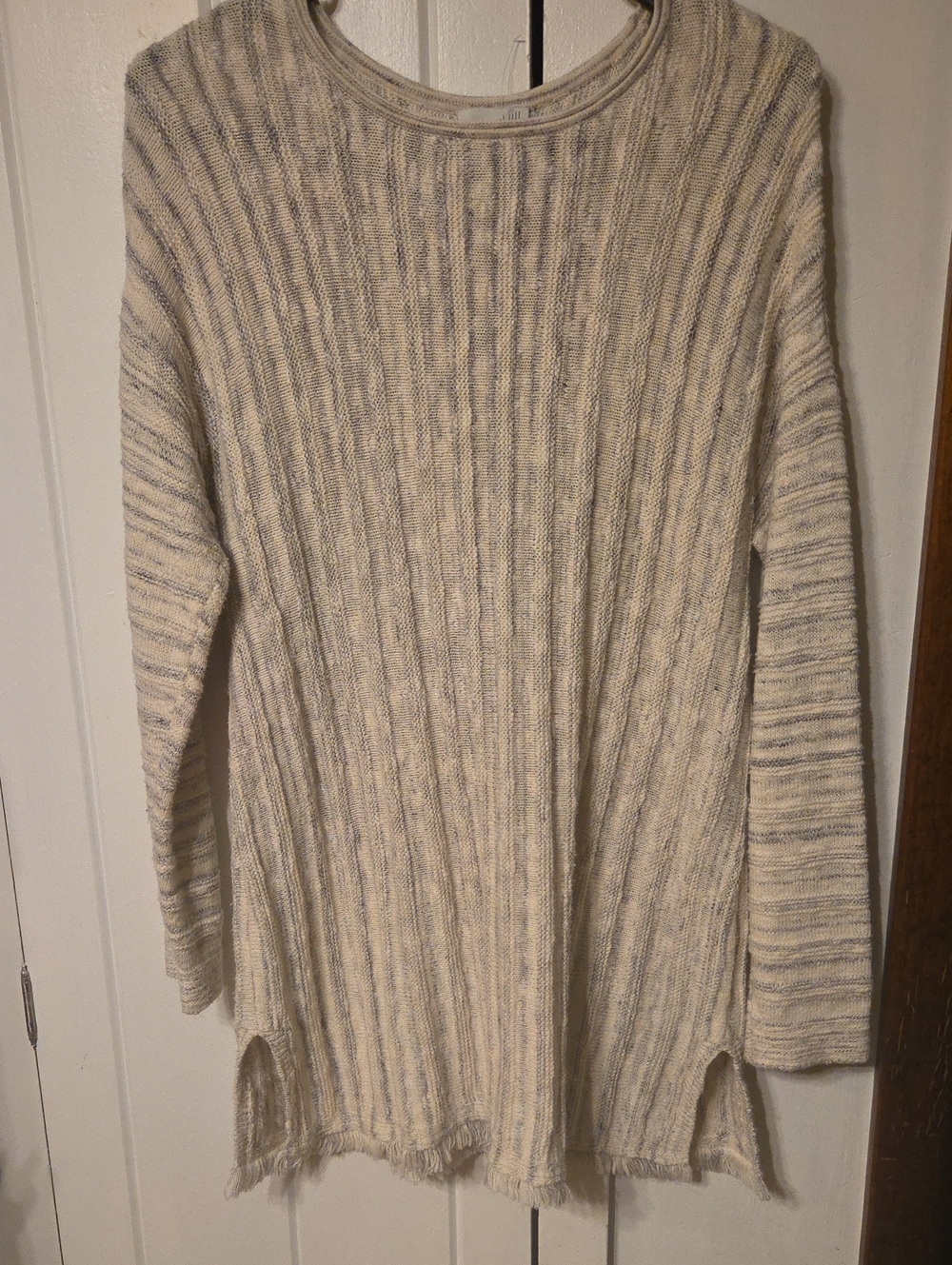 J. Jill Cream and Light Gray Ribbed Crewneck Sweater